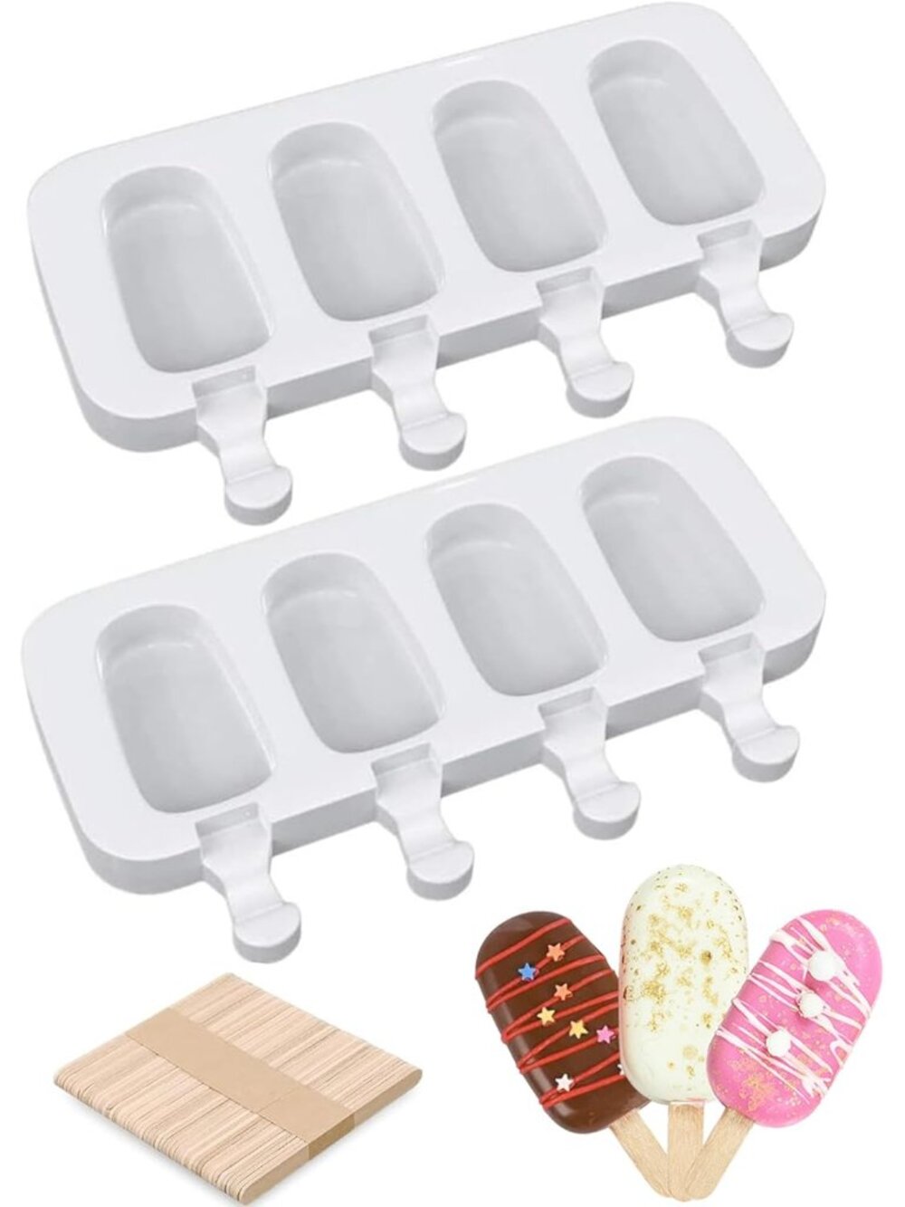 Popsicle Molds Set of 2, Ice Pop Molds Silicone 4 Cavities Ice Cream Oval Cake P